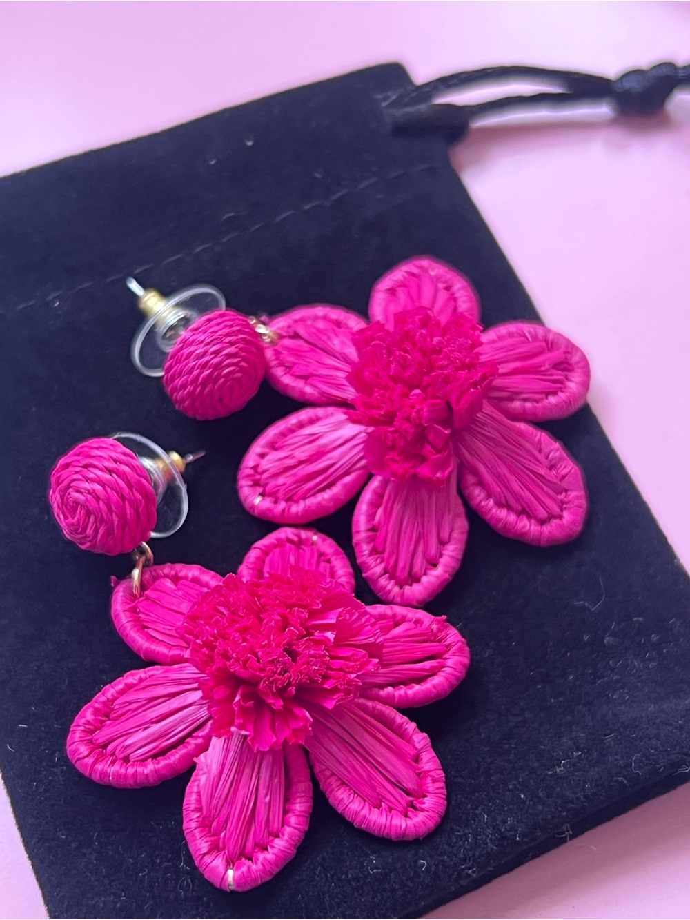 Boutique Hot Pink Woven Raffia Flower Statement Earrings